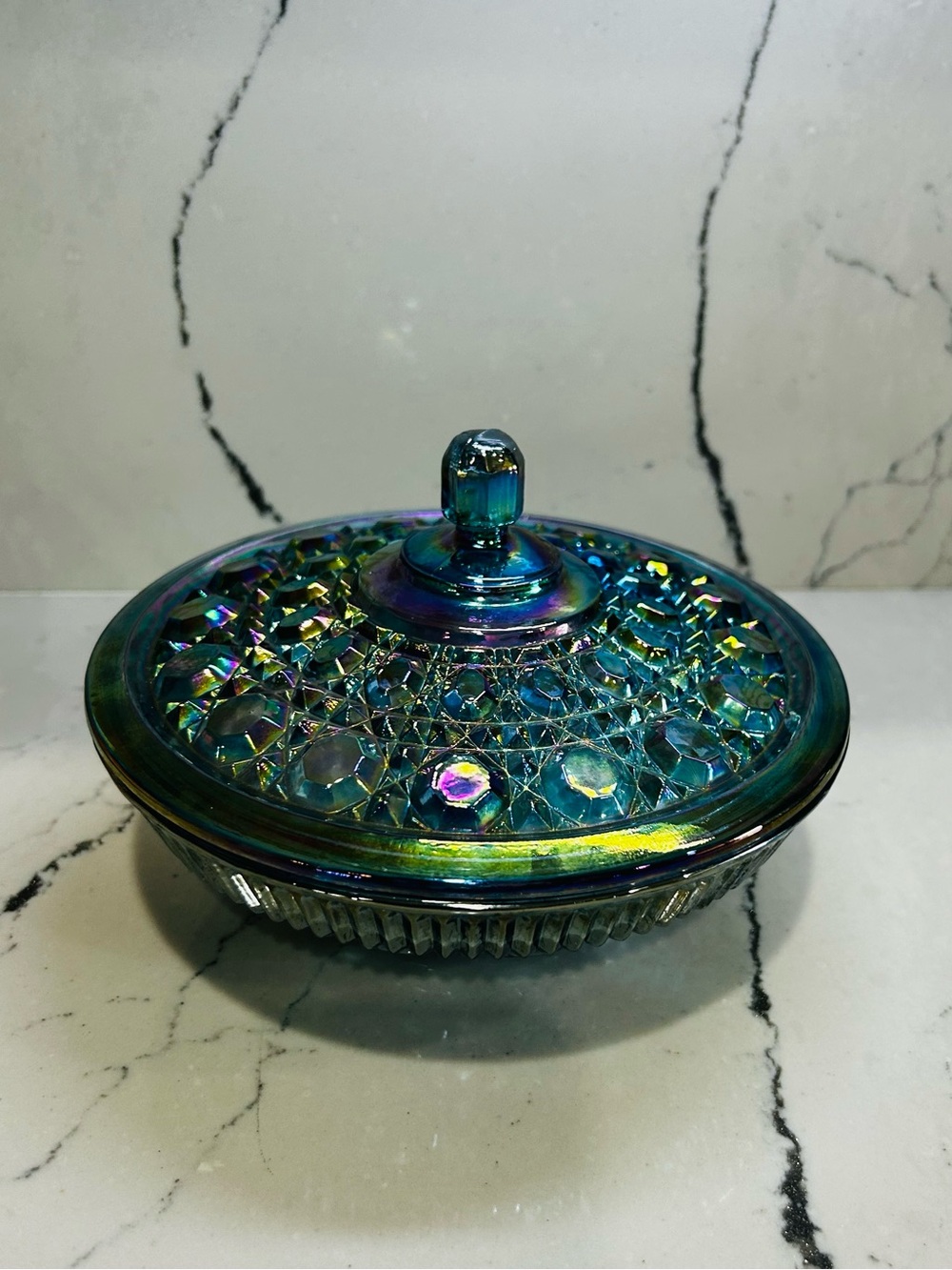 Vintage Iridescent Carnival Glass Covered Dish - Blue/Green